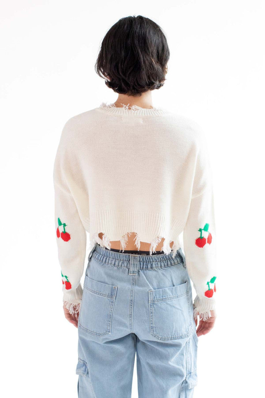 Cropped Cherry Frayed Sweater