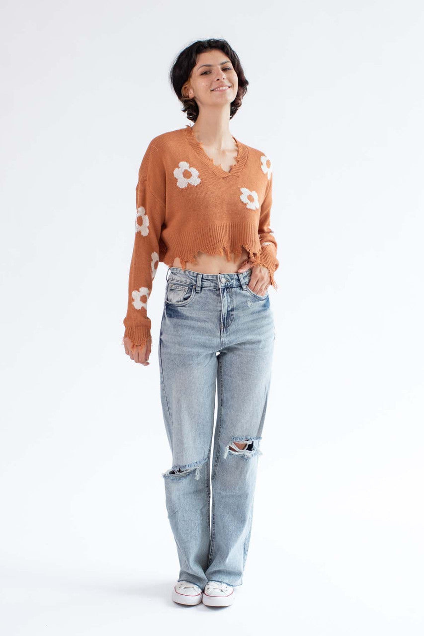 Cropped Flower Frayed Sweater