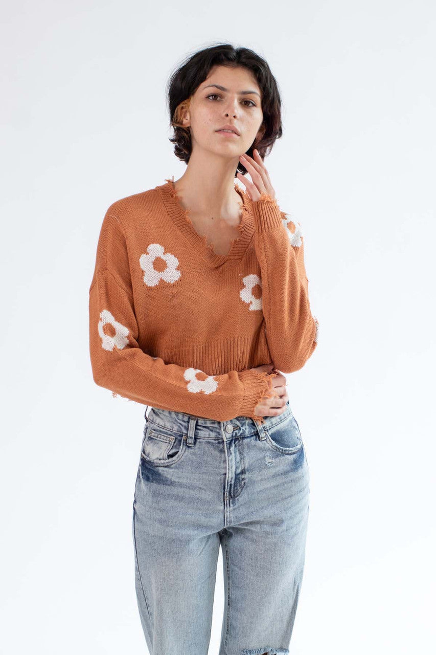 Cropped Flower Frayed Sweater