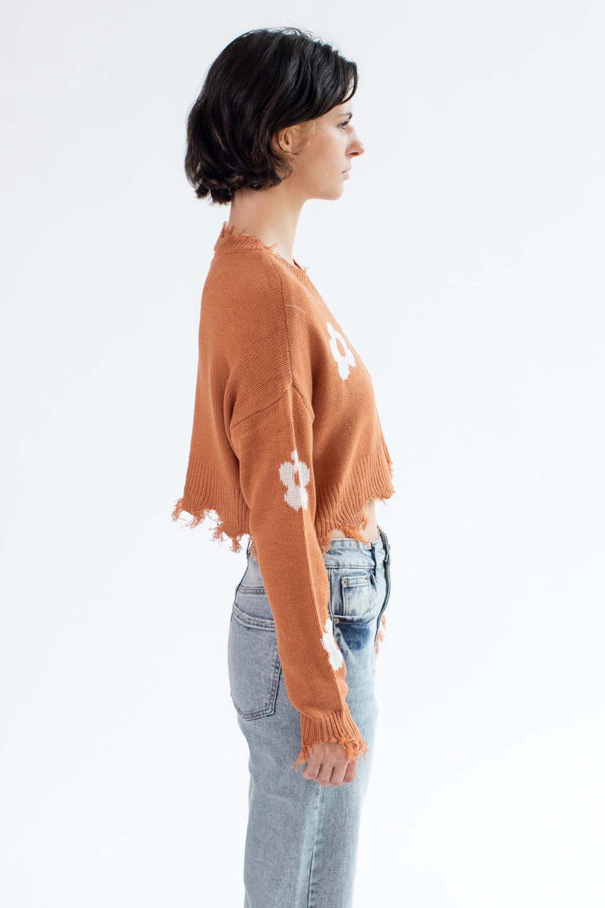 Cropped Flower Frayed Sweater