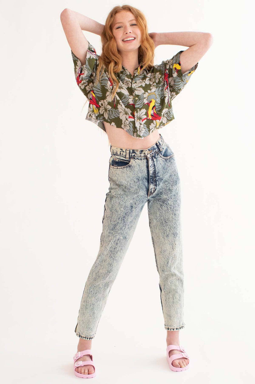 Olive Parrots Cropped Hawaiian Shirt 1957