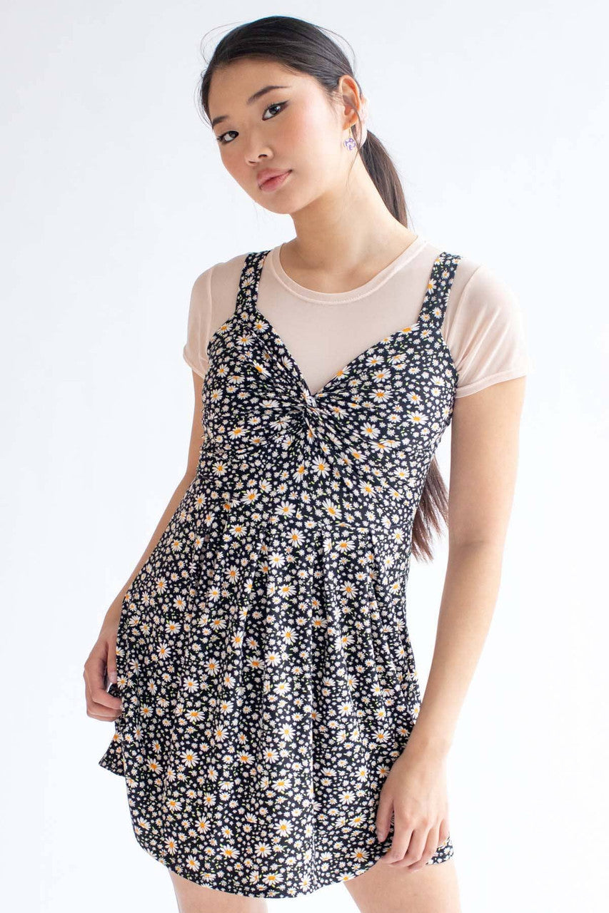 Black Daisy Knotted Summer Dress