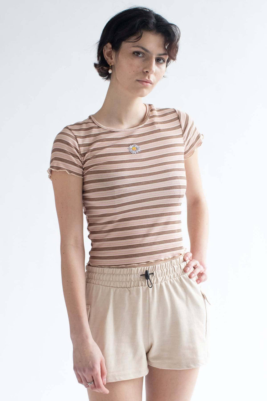 Daisy Embroidered Mocha Striped Tee