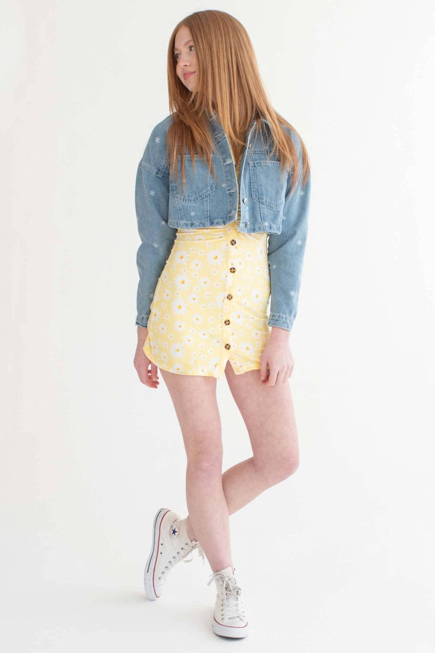 Daisy Print Cropped Denim Jacket