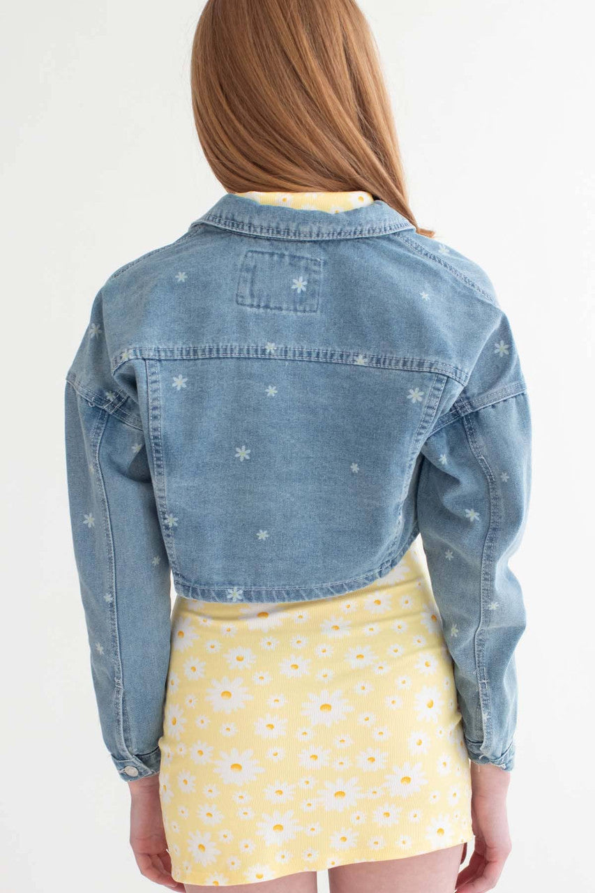 Daisy Print Cropped Denim Jacket