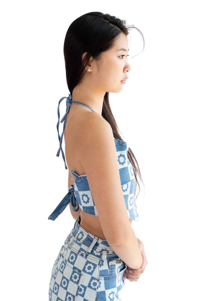 Dark Daisy Denim Halter Top