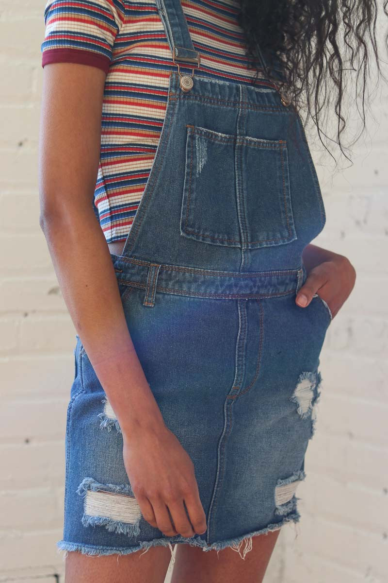 Dark Wash Distressed Denim Overall Skirt