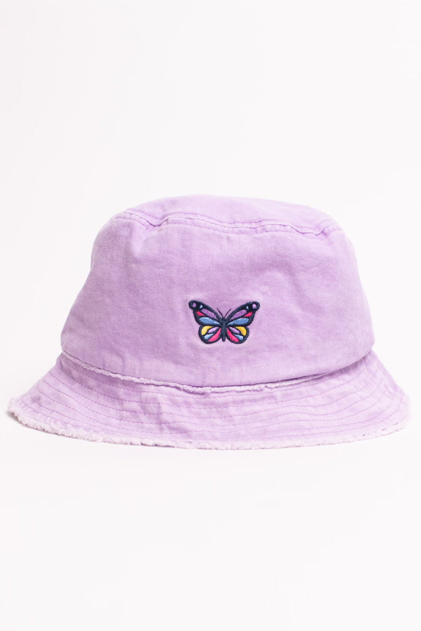 Butterfly Embroidered Lavender Frayed Brim Bucket Hat