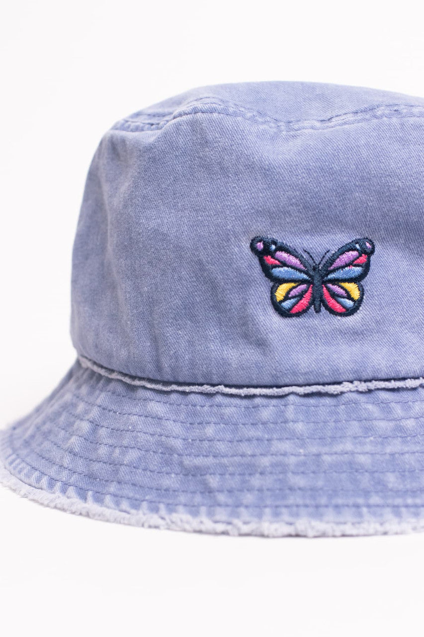 Butterfly Embroidered Denim Frayed Brim Bucket Hat