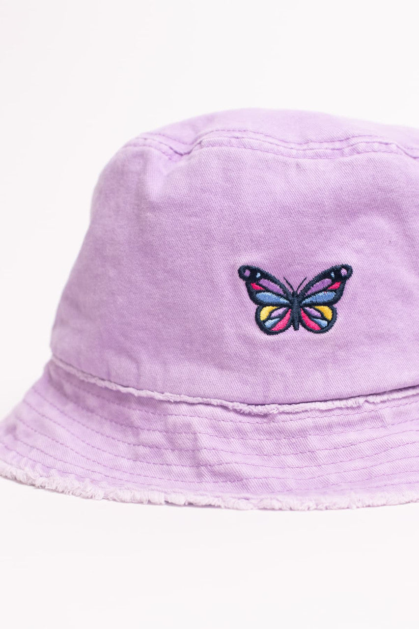 Butterfly Embroidered Lavender Frayed Brim Bucket Hat