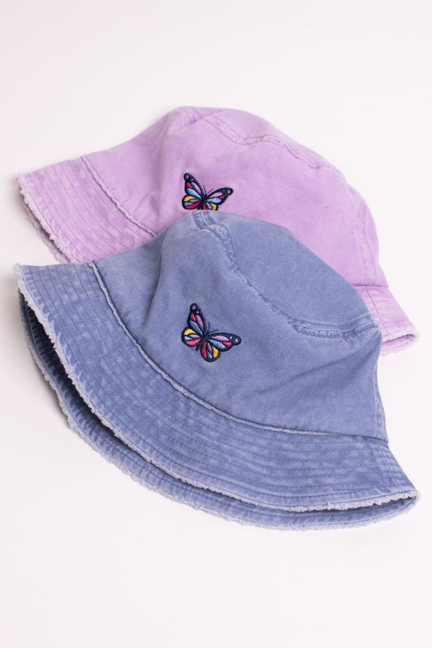 Butterfly Embroidered Denim Frayed Brim Bucket Hat