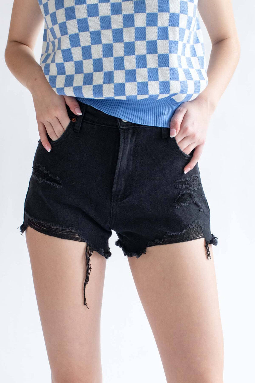 Black High Waisted Distressed Denim Shorts 2
