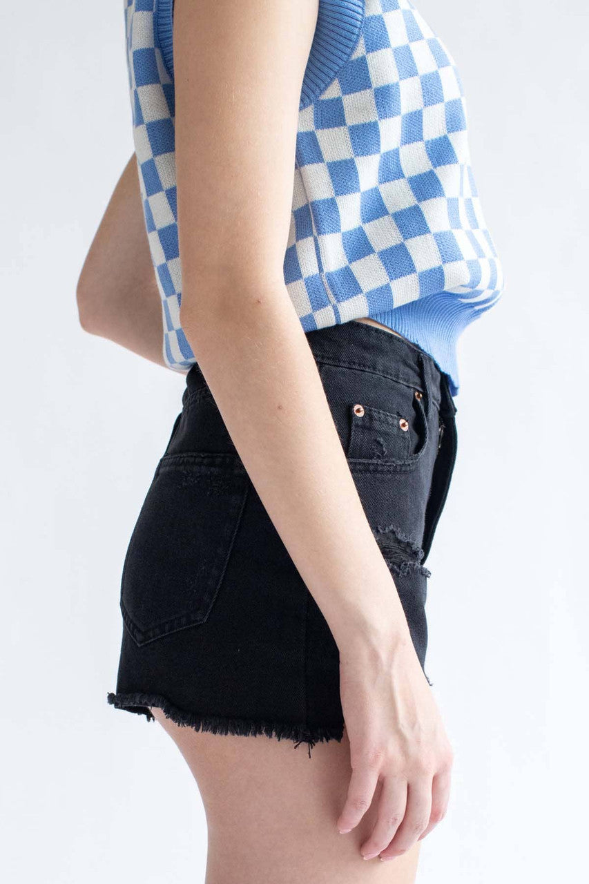 Black High Waisted Distressed Denim Shorts 2