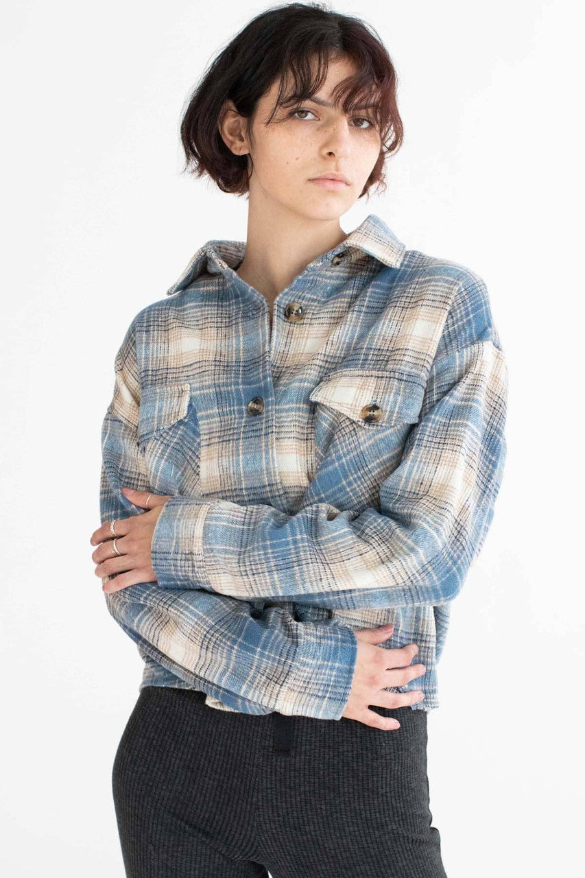 Oversized Dusty Blue Brushed Plaid Jacket