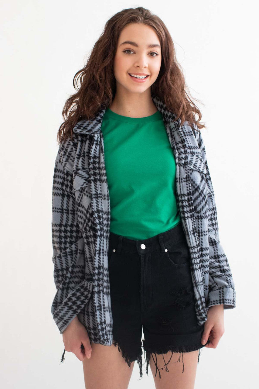 Dusty Blue Fleece Houndstooth Shacket