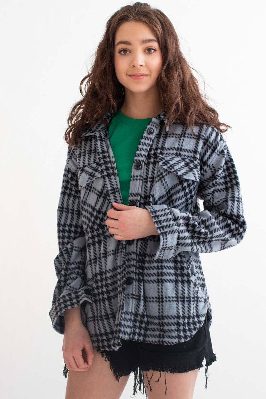 Dusty Blue Fleece Houndstooth Shacket