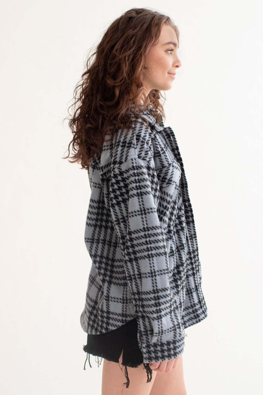 Dusty Blue Fleece Houndstooth Shacket
