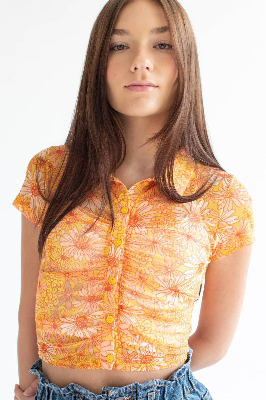 Dusty Lemon Daisy Ruched Mesh Polo