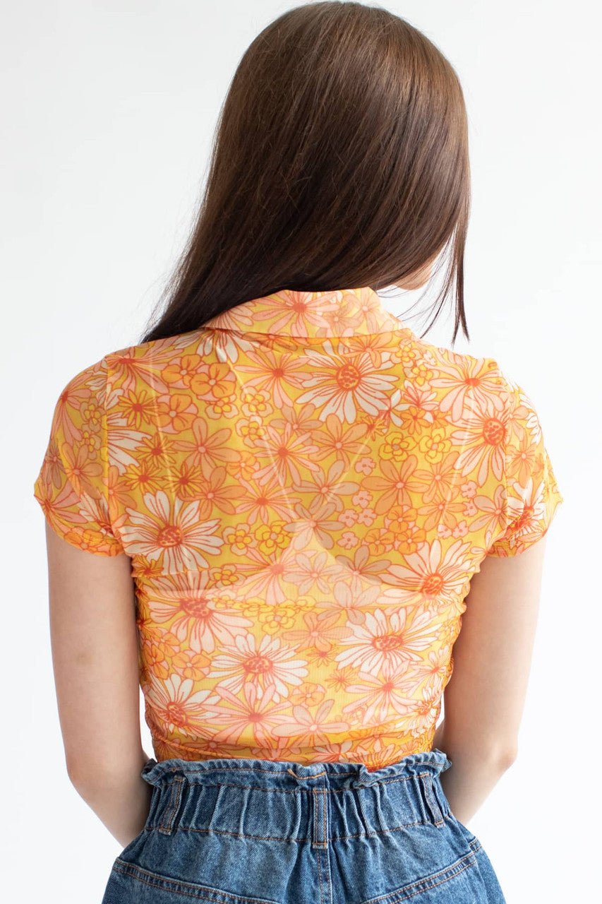 Dusty Lemon Daisy Ruched Mesh Polo