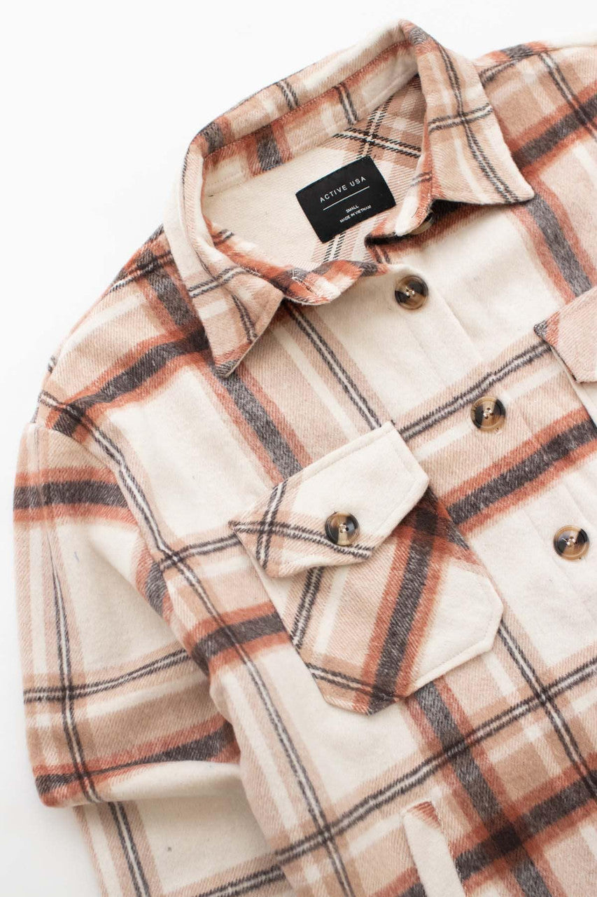Ecru & Brown Plaid Oversized Shacket