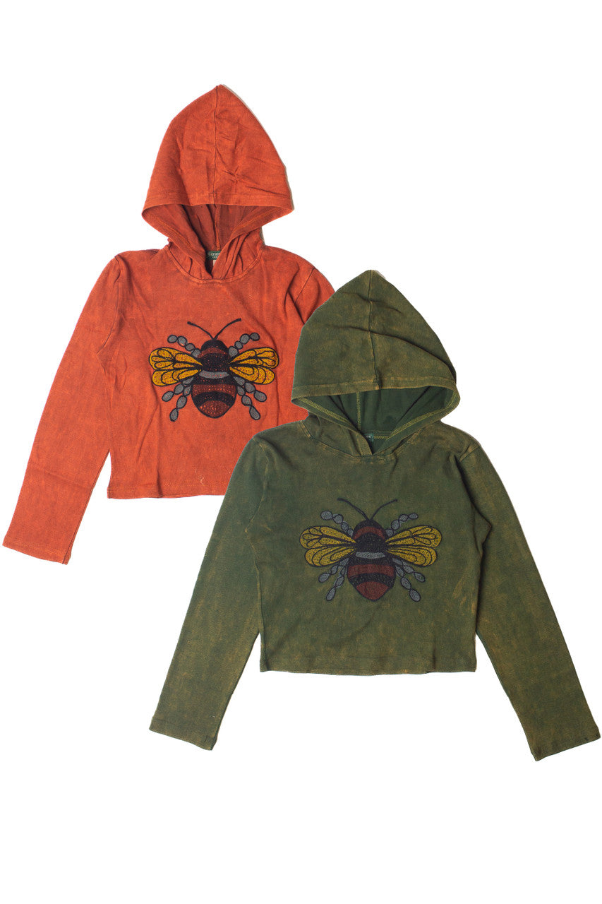 Embroidered Bee Mineral Wash Crop Hoodie