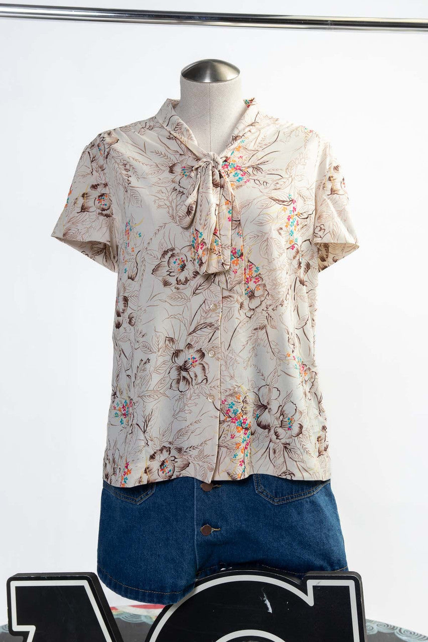 Vintage Beige Floral Tie Neck Top (sz. Medium)