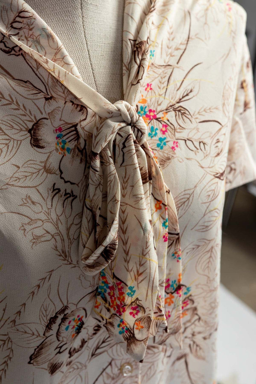 Vintage Beige Floral Tie Neck Top (sz. Medium)
