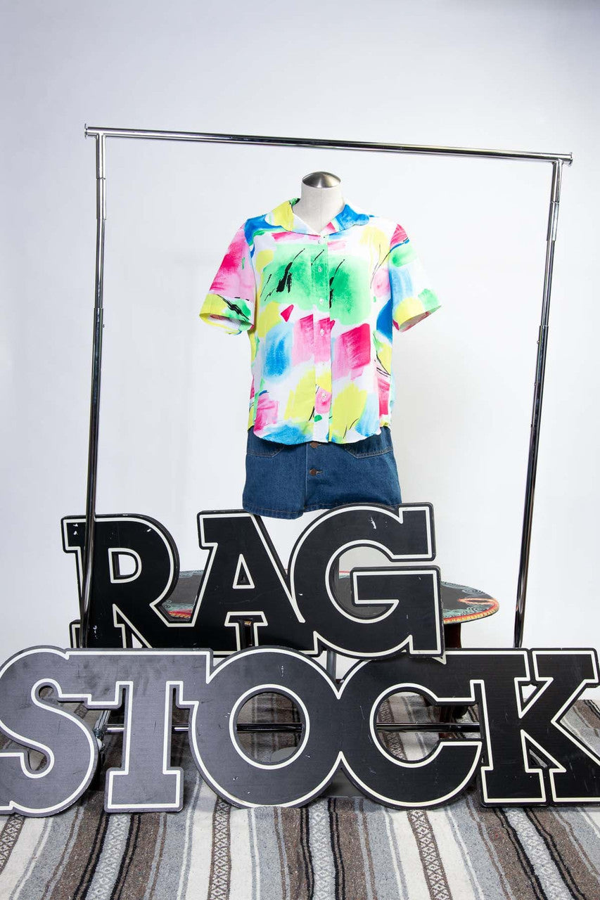 Vintage Neon Paint Button Up Shirt (sz. Large)