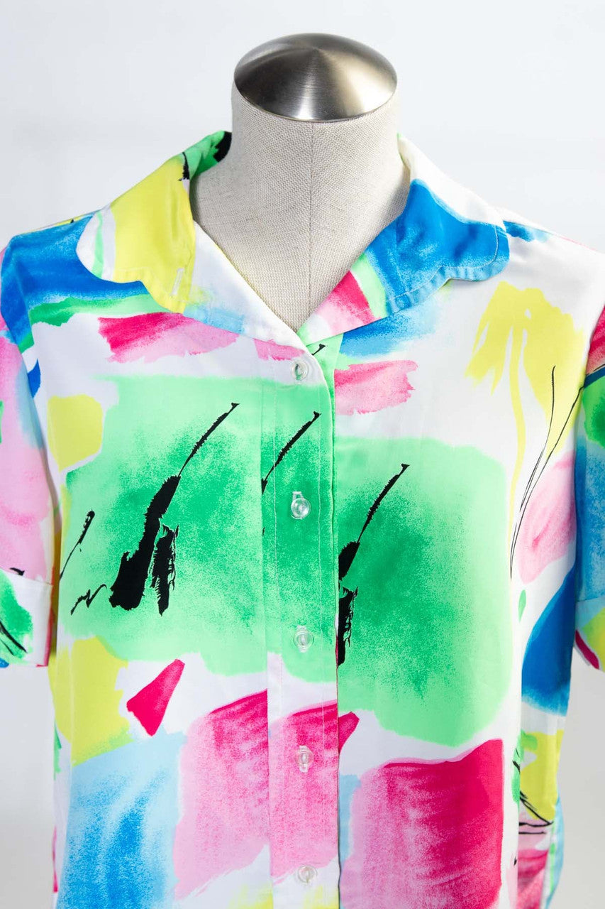 Vintage Neon Paint Button Up Shirt (sz. Large)