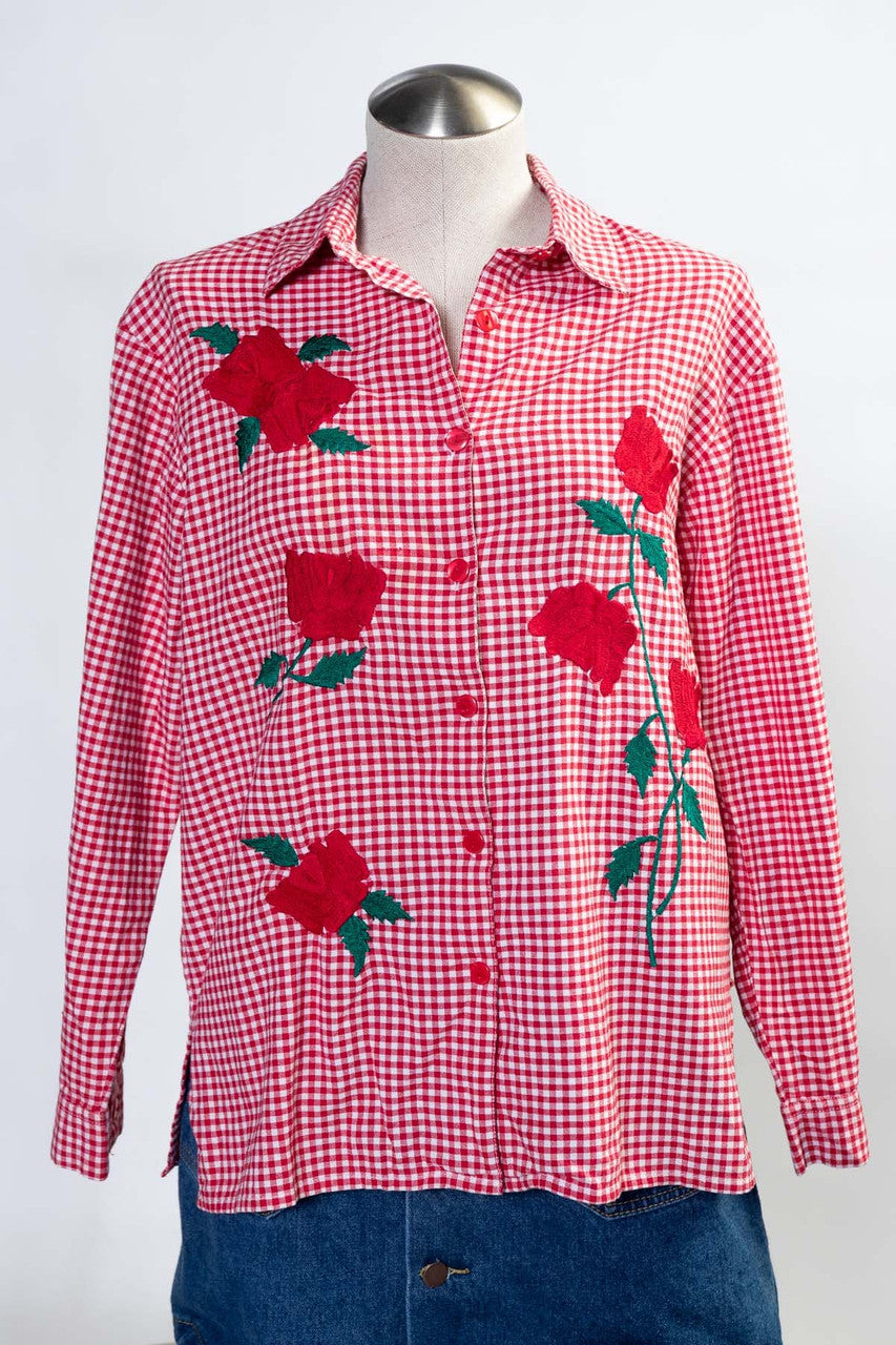 Vintage Embroidered Roses Gingham Button Up Shirt (sz. Medium)