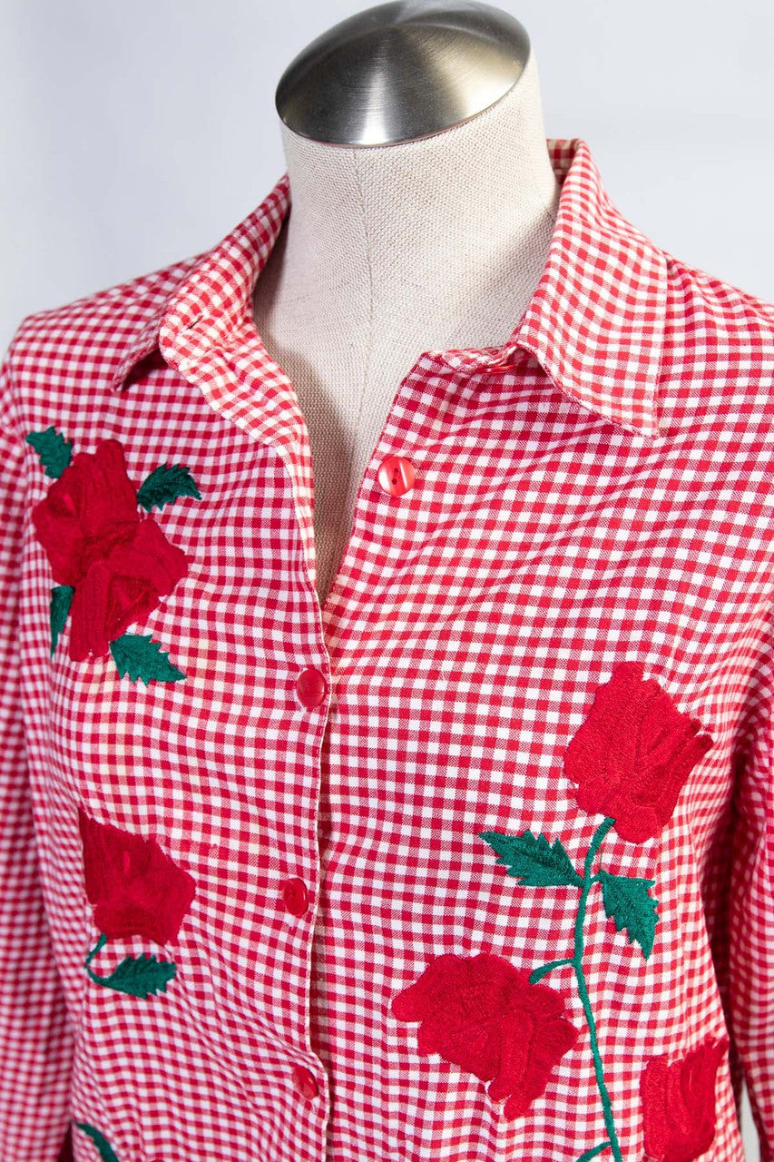 Vintage Embroidered Roses Gingham Button Up Shirt (sz. Medium)