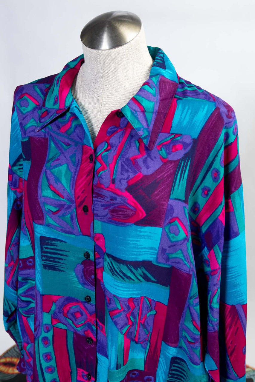 Vintage Teal & Magenta Abstract Button Up Shirt (sz. X-Large)