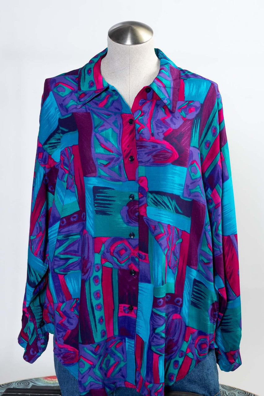 Vintage Teal & Magenta Abstract Button Up Shirt (sz. X-Large)