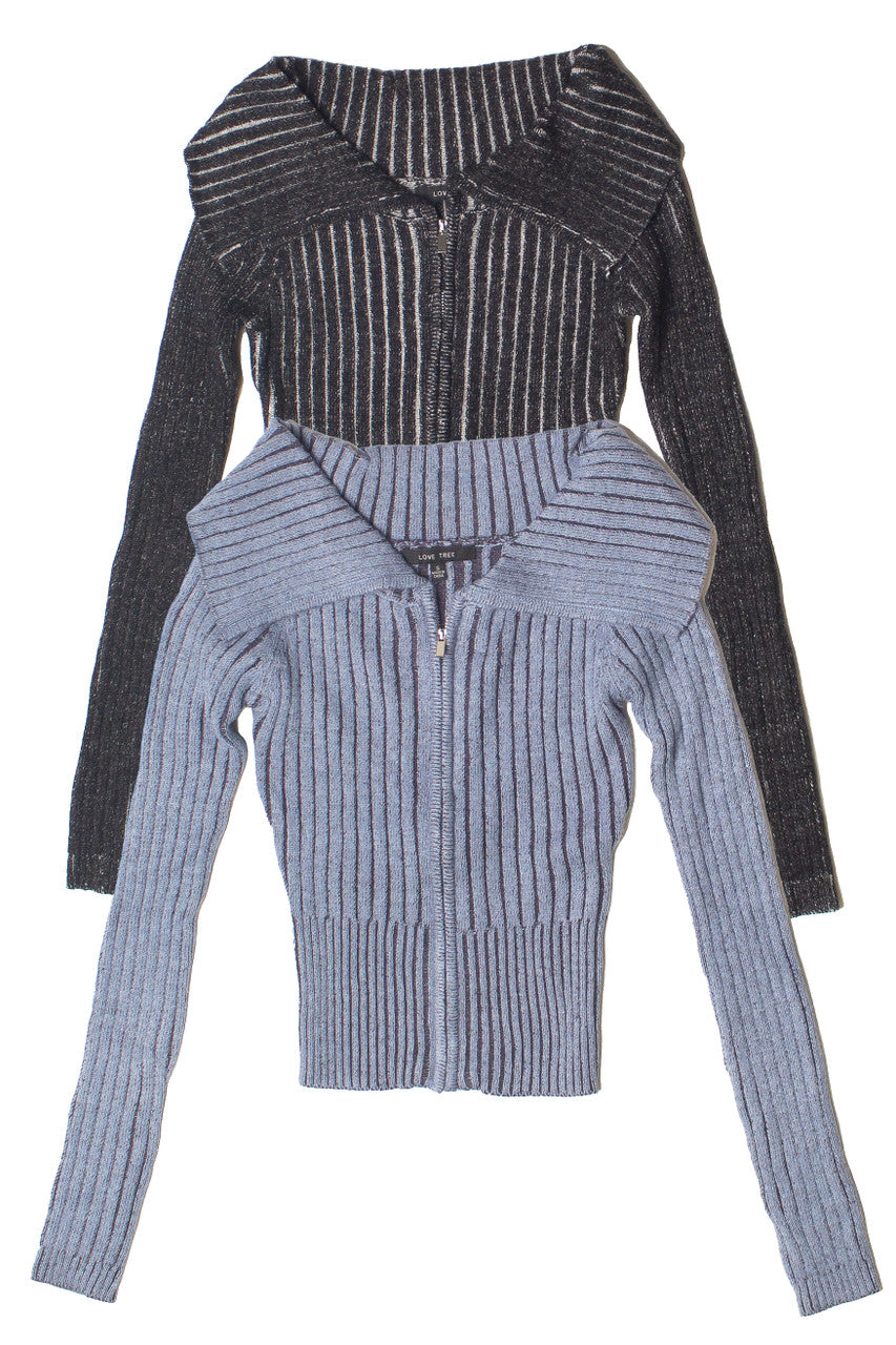 Fold Over Collar Ribbed Zip Up Sweater