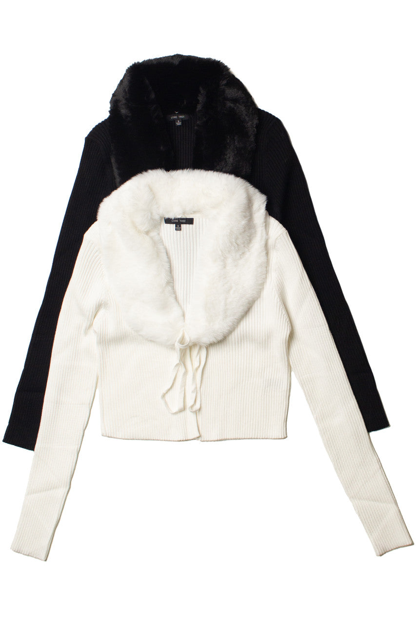 Faux Fur Collar Tie Front Cardigan