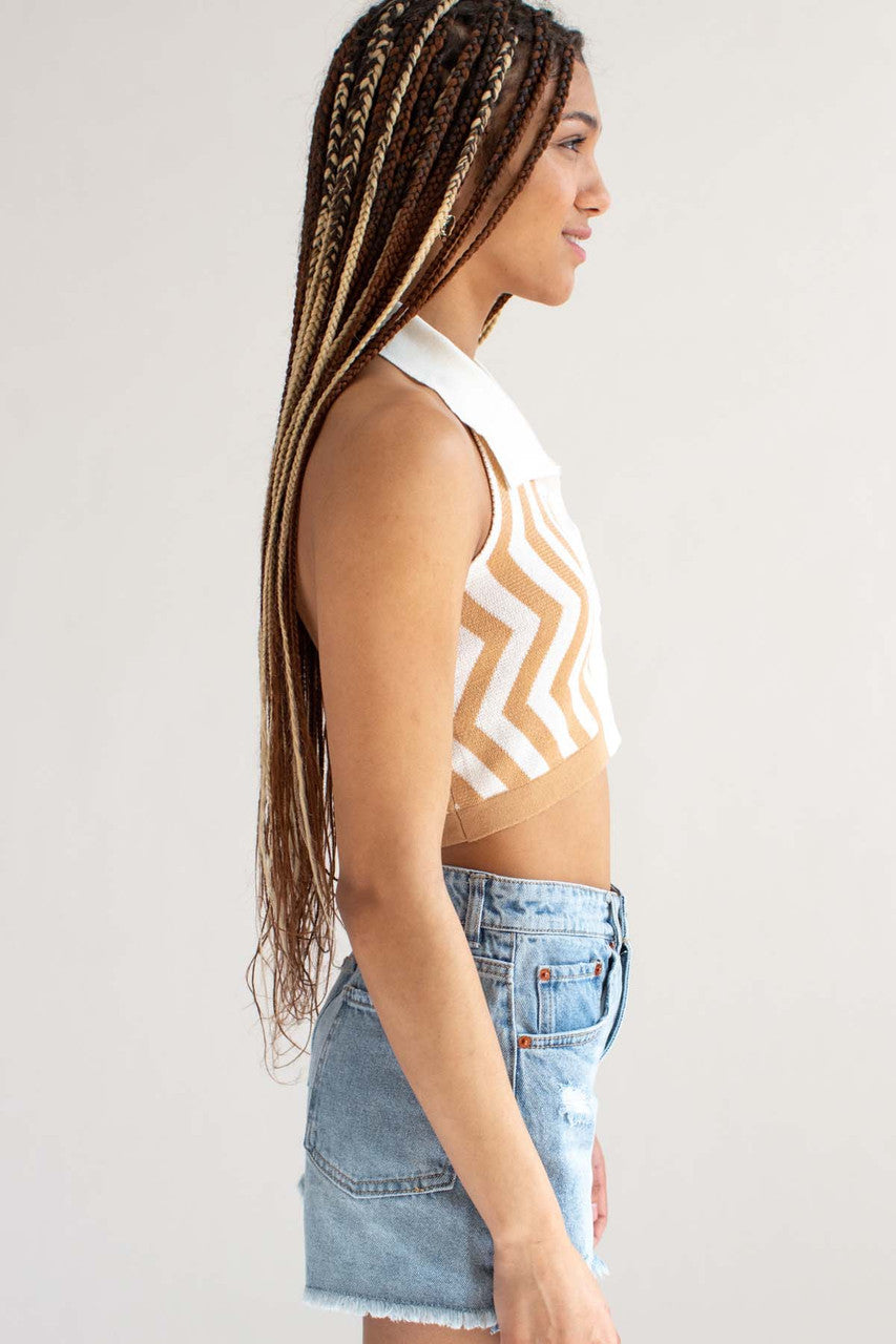 Tan Button Front Collared Halter Top