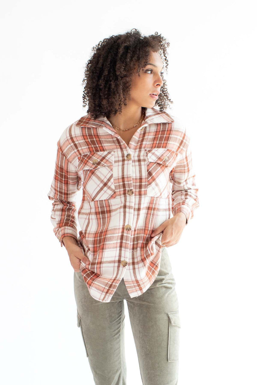 White & Cappuccino Oversized Plaid Shacket
