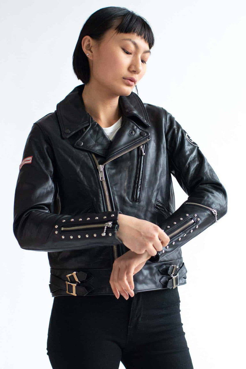 Rare "GB SKINS" Studded Rider Leather Jacket w/ Sherpa Lining