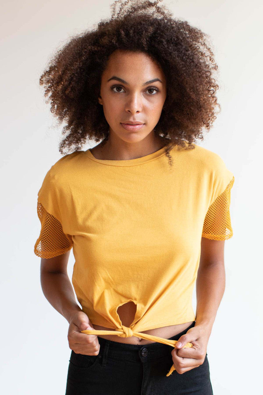 Gold Mesh Sleeve Tie Waist Tee