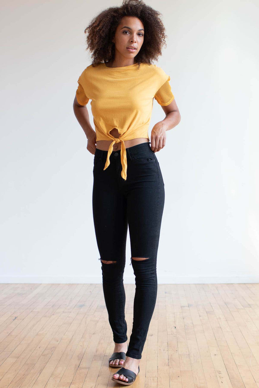 Gold Mesh Sleeve Tie Waist Tee