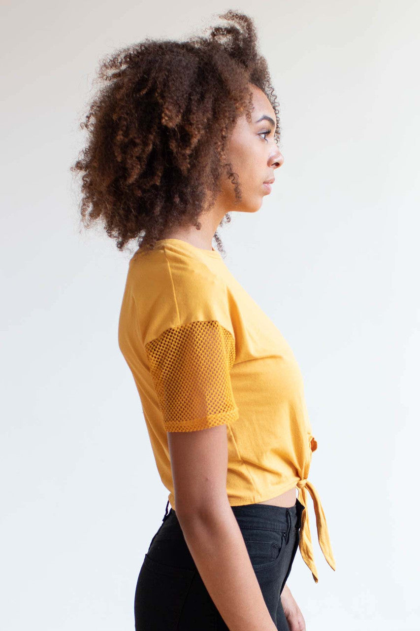 Gold Mesh Sleeve Tie Waist Tee
