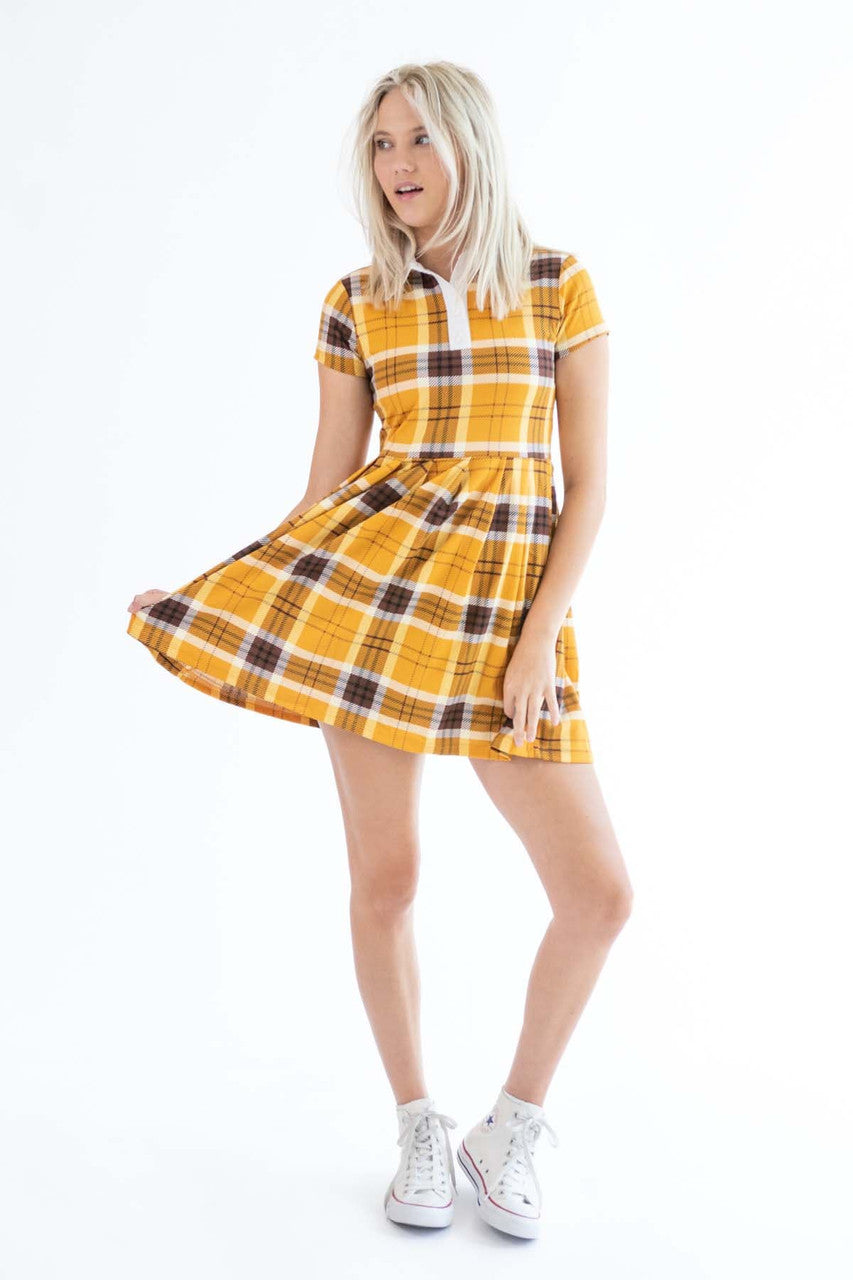 Golden Yellow Pleated Polo Plaid Mini Dress