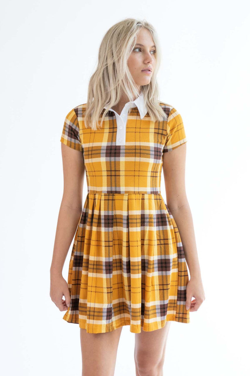 Golden Yellow Pleated Polo Plaid Mini Dress