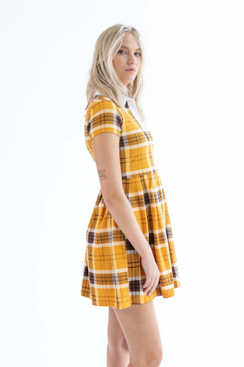 Golden Yellow Pleated Polo Plaid Mini Dress