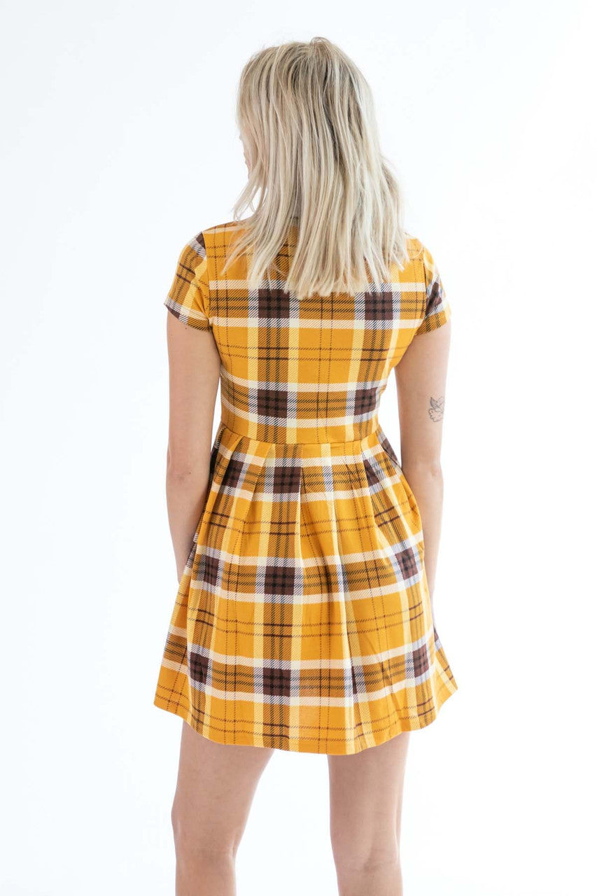 Golden Yellow Pleated Polo Plaid Mini Dress