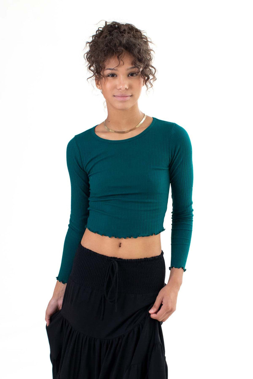 Green Double Ribbed Long Sleeve Crop Top