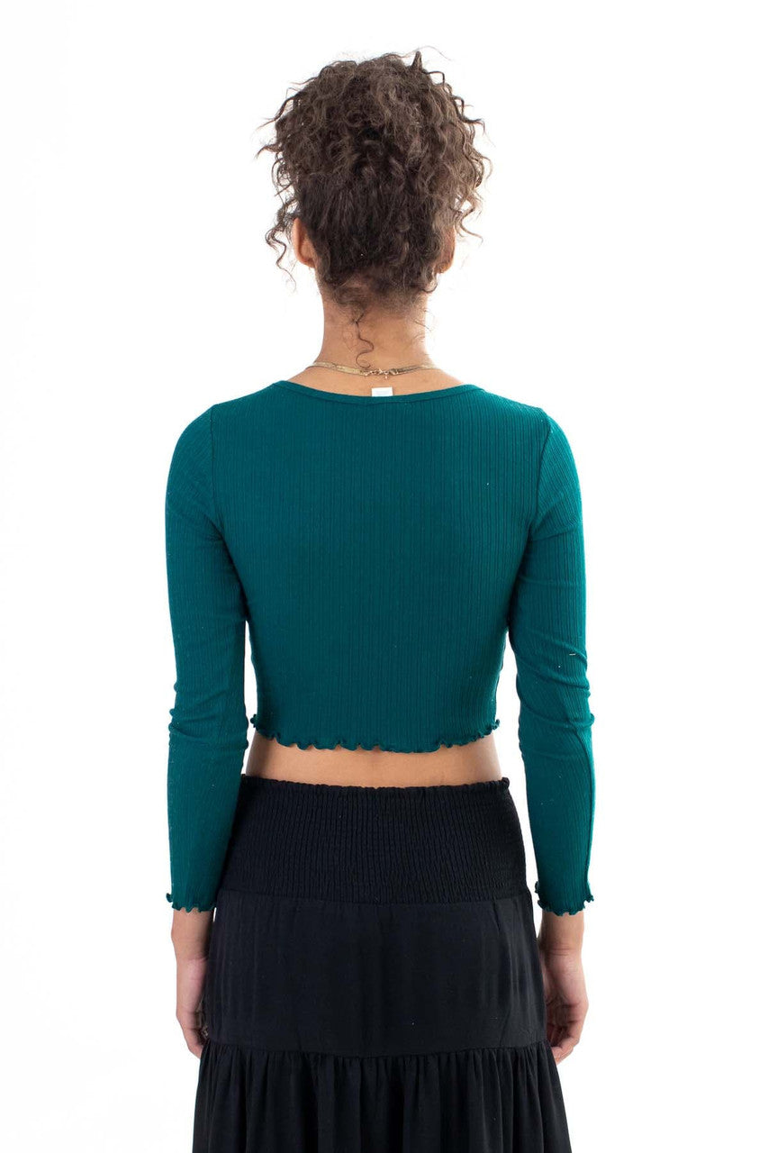 Green Double Ribbed Long Sleeve Crop Top