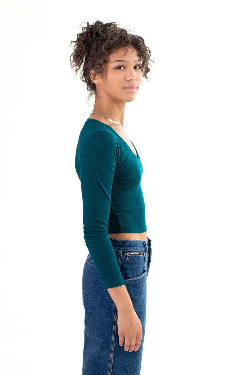 Green Long Sleeve Ribbed V Neck