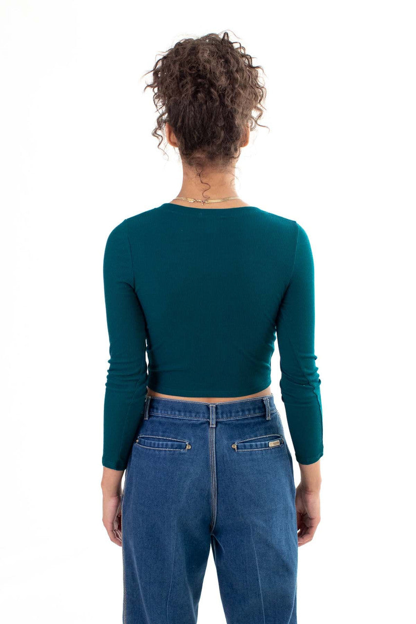 Green Long Sleeve Ribbed V Neck