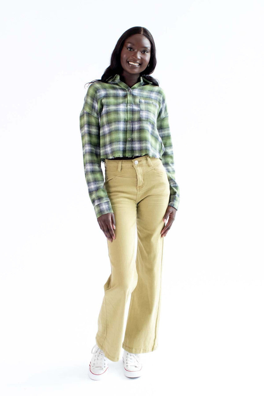 Green Raw Edge Crop Flannel